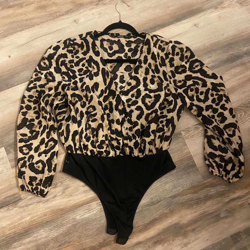 SHEIN Brown and Black Bodysuit Top with Leopard Print